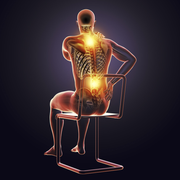 人間の背骨の痛み、腰痛、腰痛、概念的な3Dイラストは、男性の体を強調した骨格を持つ痛みを伴う背中を示しています。背景色 - 写真・画像