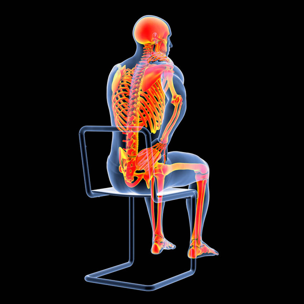 Dolor de columna humana, dolor de espalda, dolor de espalda, ilustración conceptual 3D que muestra el cuerpo masculino con el esqueleto resaltado que tiene la espalda dolorosa - Foto, imagen