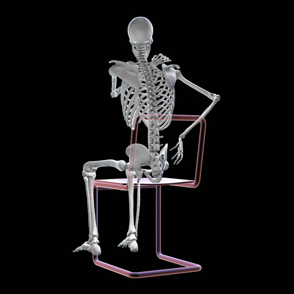 人間の背骨の痛み、腰痛、腰痛、痛みを伴う人間の骨格を示す概念的な3Dイラスト。背景色 - 写真・画像