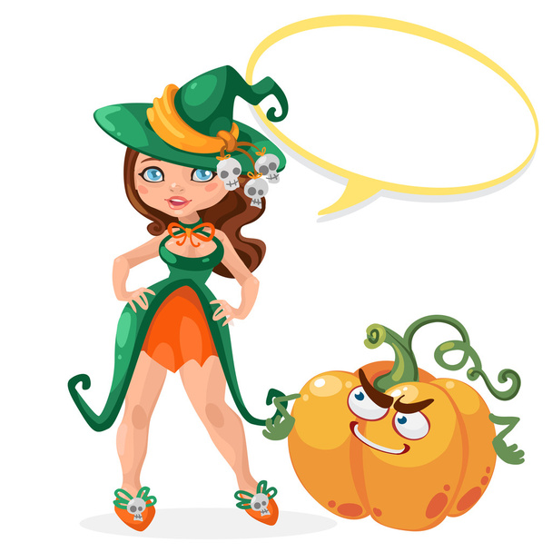Halloween witch girl with message board vector illustration - Вектор,изображение