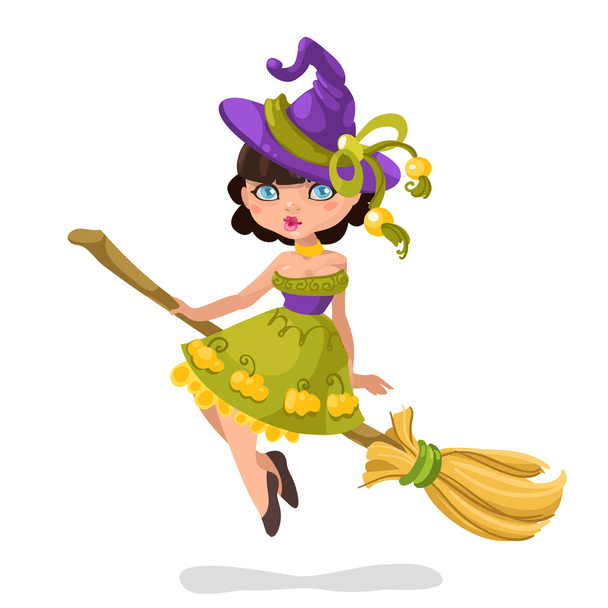 Halloween witch girl on a broomstick - Вектор,изображение
