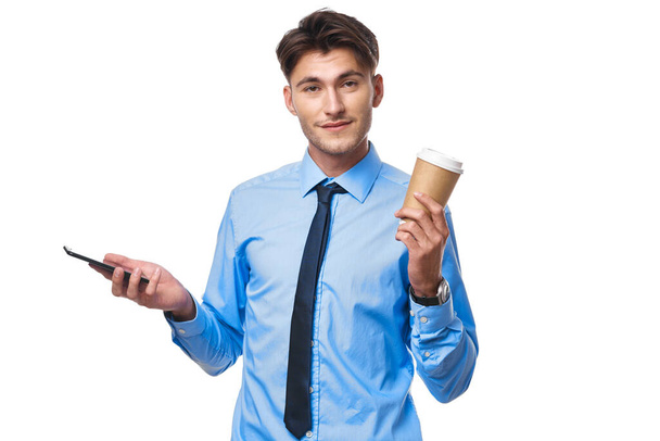 manager coffee cup posing office isolated background - Фото, зображення