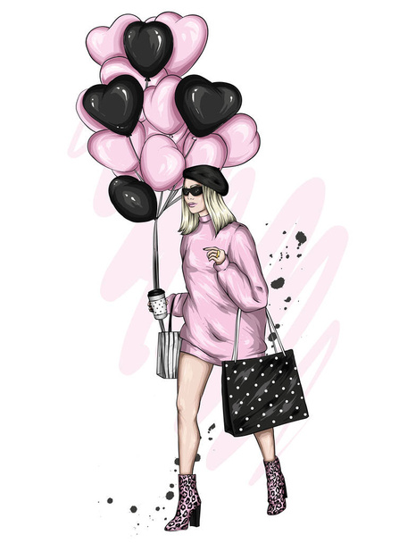 Beautiful girl in stylish clothes and a balloon in the form of hearts. Fashion and style, clothing and accessories. Vector illustration. - Διάνυσμα, εικόνα