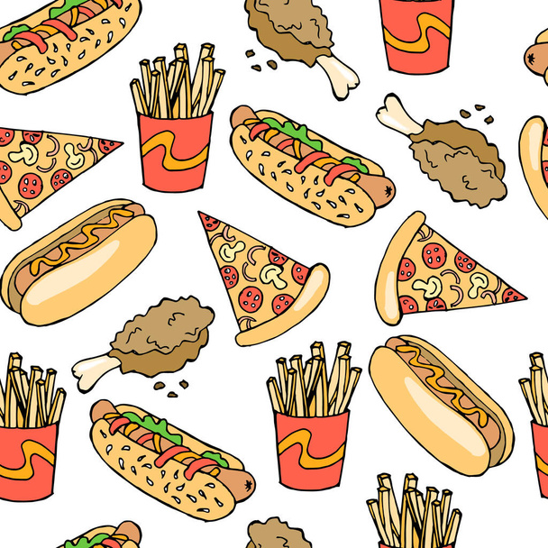 Seamless pattern, hand-drawn fast food, pizza, hot dogs, fries and chicken legs. Design for the food industry. Textiles, paper. - Vektor, obrázek