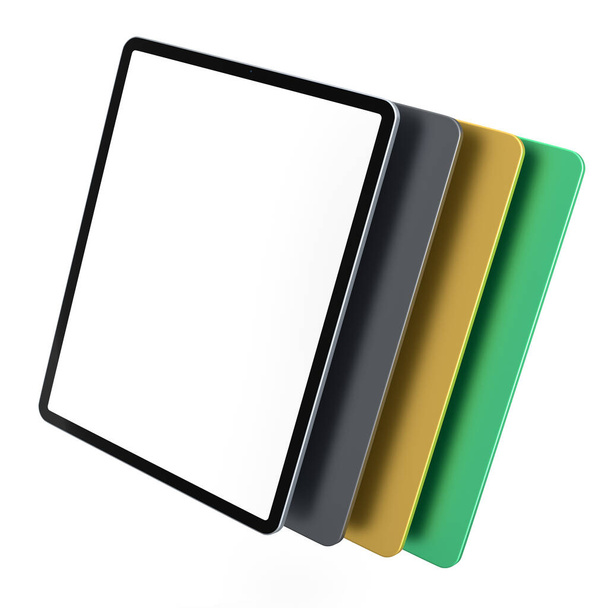 Set of computer tablets with cover case and blank screen isolated on white background. 3D rendering concept of creative designer equipment and compact workspace - Fotó, kép