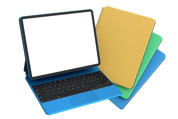 Set of computer tablets with keyboard and blank screen isolated on white background. 3D rendering concept of creative designer equipment and compact workspace - Foto, afbeelding