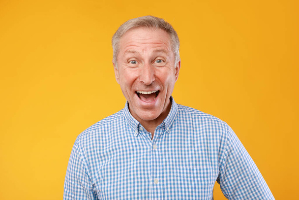 Πορτρέτο του ευτυχισμένου ώριμου άντρα που γελάει ποζάροντας στο στούντιο - Φωτογραφία, εικόνα