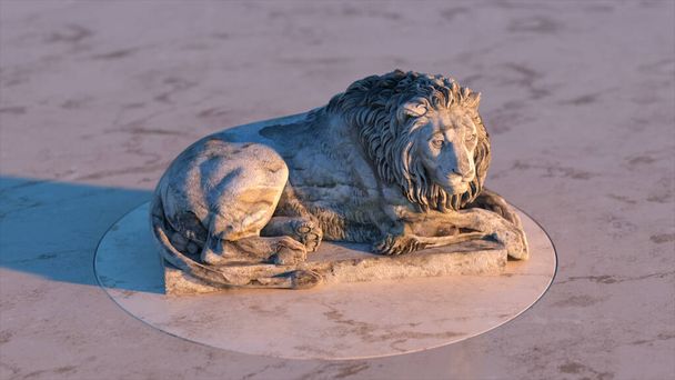 Rzeźba lwa na platformie. Biały marmur. Ilustracja 3D  - Zdjęcie, obraz