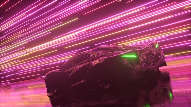 Futurisztikus koncepció. A sportkocsi a ragyogó neonvonalak hátterében mozog. Rózsaszín lila szín. 3D illusztráció. Kiváló minőségű 3d illusztráció - Fotó, kép