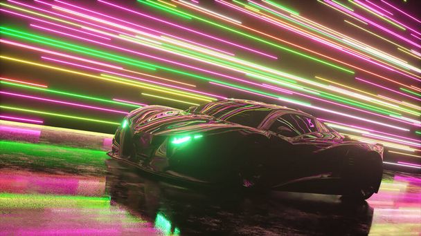 Fütürist bir kavram. Spor araba parlayan neon hatlarının arka planına doğru hareket ediyor. Pembe mor renk. 3d Görüntü - Fotoğraf, Görsel