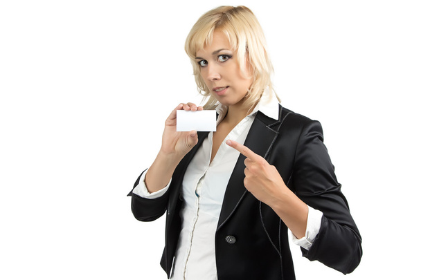 Retrato de la empresaria mostrando en la tarjeta de visita
 - Foto, Imagen