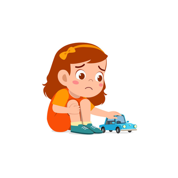 cute girl play toy car alone and feel sad - Wektor, obraz