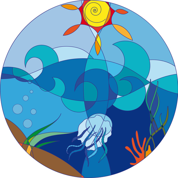 Море на сонячний день з медузами і морськими рослинами
 - Вектор, зображення