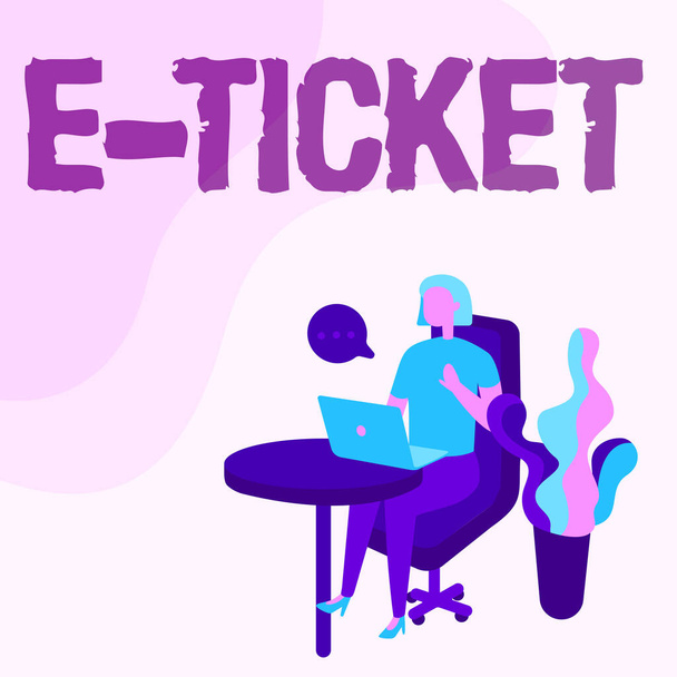Inspiration showing sign E Ticket. Business concept Digital ticket that is as valid as a paper ticket or its equivalent Woman Sitting Office Desk Using Laptop With Speech Bubble Beside Plant. - Photo, Image