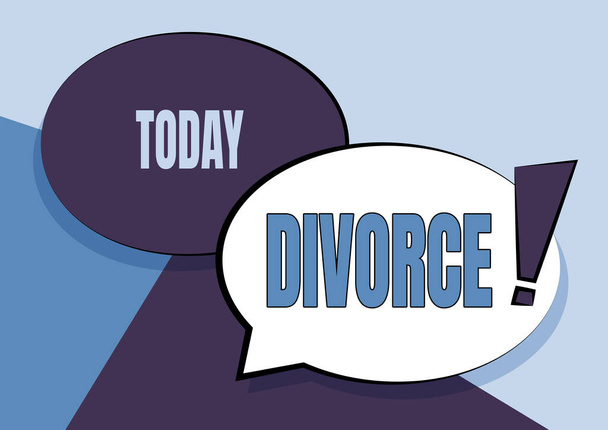 Writing displaying text Divorce. Conceptual photo Legal dissolution of marriage Separation Breakup Disagreement Two Colorful Overlapping Speech Bubble Drawing With Exclamation Mark. - Photo, Image