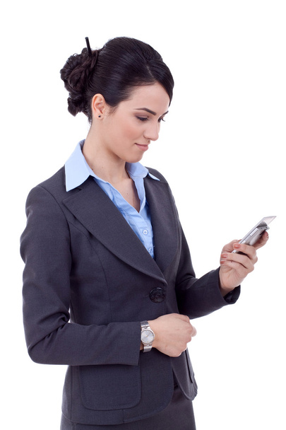 電話でのビジネス女性のテキスト メッセージ - 写真・画像
