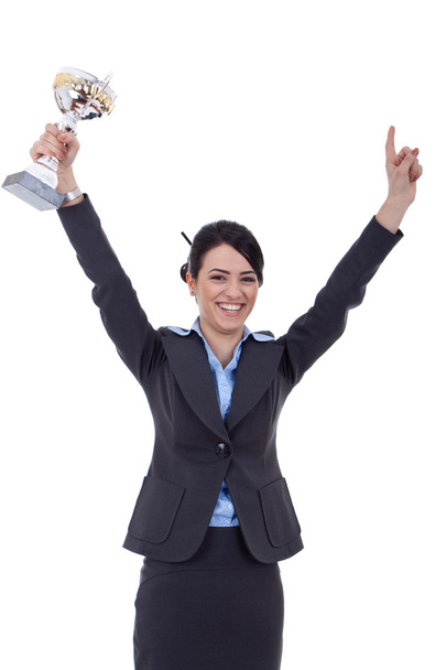 Femme d'affaires excitée remportant un trophée
 - Photo, image