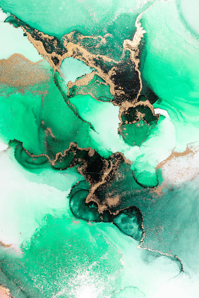 Vihreä kulta abstrakti tausta marmori nestemäistä mustetta taidetta maalaus paperille . - Valokuva, kuva