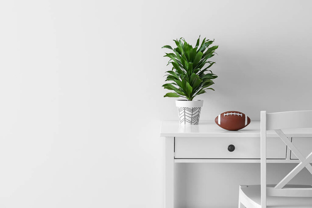Ragby míč a houseplant na stole u bílé zdi - Fotografie, Obrázek