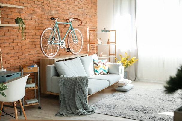 Apartamento estúdio com sofá contemporâneo e bicicleta na sala de estar - Foto, Imagem