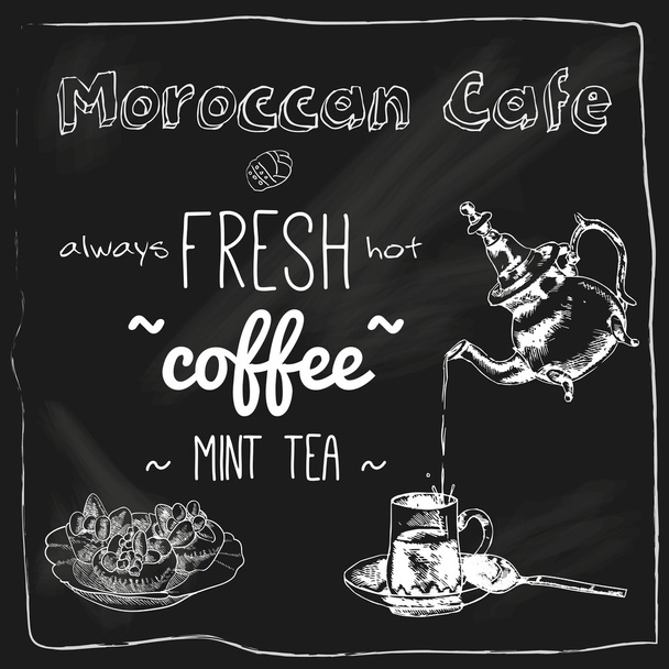 Teepannu ja kuppi marokkolainen kahvila liitutaulu
 - Vektori, kuva