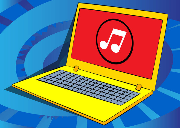 Laptop con l'icona della nota musicale sullo schermo. Illustrazione del cartone animato vettoriale. Ascolto del concetto di musica. - Vettoriali, immagini