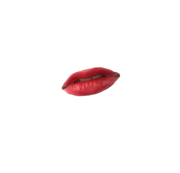 Bright red lips isolated on a white background. The concept of beauty. - Photo, Image