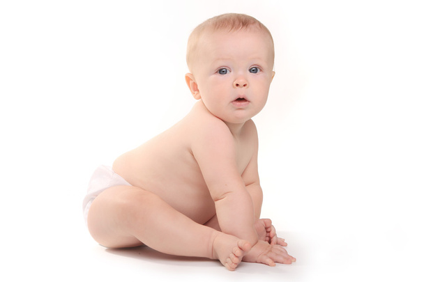Feliz bebé adorable sobre un fondo blanco
 - Foto, Imagen