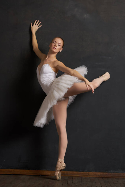 woman ballerina in a white tutu dance posing performance dark background - Fotoğraf, Görsel