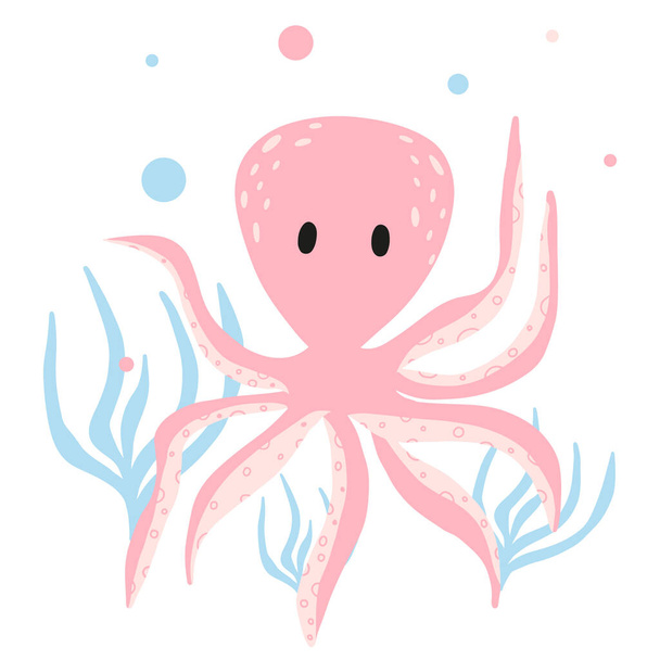 Childrens illustration of cute octopus with seaweed. Hand-drawn pink octopus in cartoon style. Suitable for prints, posters. postcards. - ベクター画像