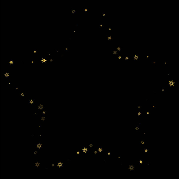 Falling Snow flakes golden pattern. Illustration with flying gold snow, frost, snowfall. Winter print for christmas celebration on black night background. Holiday Vector illustration for New Year. - Vektör, Görsel