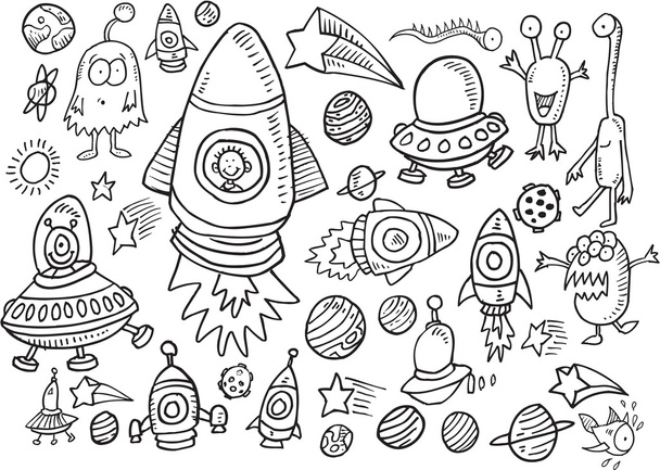 Outer Space Doodle Vector Illustration Art Set - Vector, Imagen