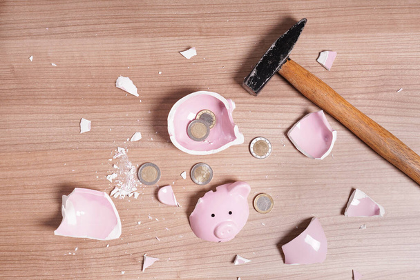 roto Piggy banco destrozado en pedazos con martillo y chan pequeño - Foto, Imagen