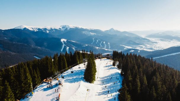 aerial view of ski resort with slopes copy space - 写真・画像