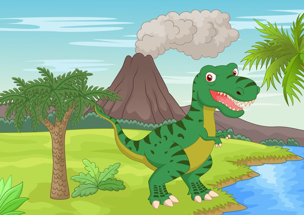 ティラノサウルス漫画と先史時代のシーン - ベクター画像