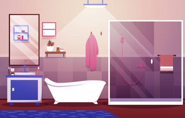 Cuarto de baño limpio Diseño de interiores Espejo Muebles de ducha Ilustración plana - Vector, Imagen