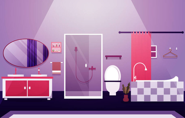 Sauberes Badezimmer Raumgestaltung Dusche Badewanne Möbel Flache Illustration - Vektor, Bild