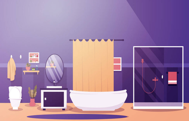 Banheiro limpo Design de interiores Chuveiro Banheira Mobiliário Ilustração plana - Vetor, Imagem