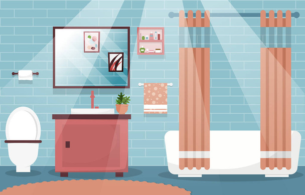 Καθαριότητα Μπάνιο Εσωτερική Σχεδιαστική Ντουλάπα Μπανιέρα Έπιπλα Επίπεδη Εικόνα - Διάνυσμα, εικόνα
