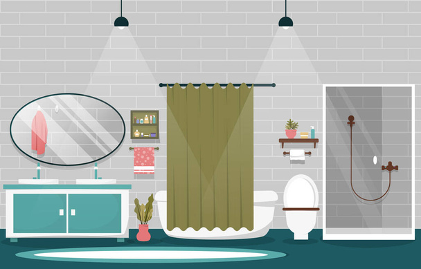 Clean Bathroom Interior Design Mirror Bathtub Furniture Flat Illustration - Vector, Image