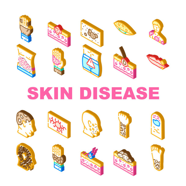 Skin Disease Human Health Problem Icons Set Vector. Phytophotodermatitis And Psoriasis, Atopic Dermatitis And Angioma, Hypertrichosis And Angiokeratoma Skin Disease Isometric Sign Color Illustrations - Vector, Image