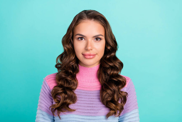 Photo of nice brunette young lady wear pastel sweater isolated on teal color background - 写真・画像