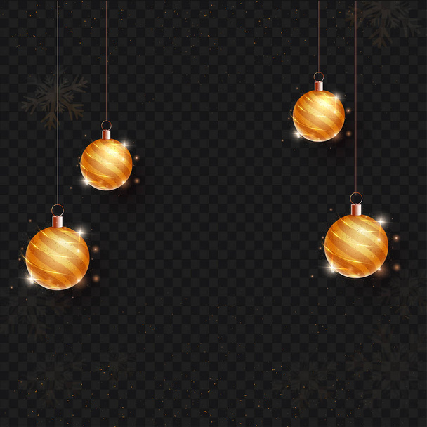 3D Golden Baubles Hang With Light Effect On Black Png Background And Copy Space. - Вектор, зображення