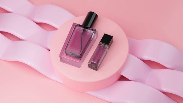 Pink perfume bottle on a pedestal with pink abstract geometric shapes in the background. Perfume bottle mockup. 3d rendering, 3d illustration - 写真・画像
