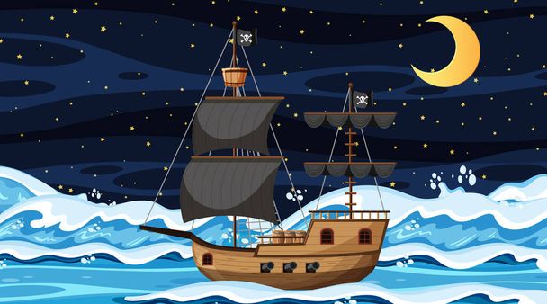 Oceano com navio pirata em cena noturna em desenho animado ilustração estilo - Vetor, Imagem