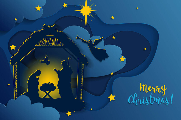 Ευχετήρια κάρτα της παραδοσιακής χριστιανικής Χριστουγεννιάτικης γέννησης του μωρού Ιησού στη φάτνη με τη Μαρία και τον Τζόζεφ σε σιλουέτα. Ιερή νύχτα. - Διάνυσμα, εικόνα