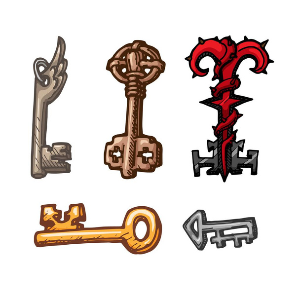 Set of hand drawn fantasy keys isolated on white background. Vector game items - Vector, Image