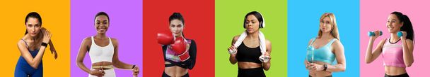 Hübsche junge Frauen im Fitnessstudio, farbenfroher Hintergrund, Collage - Foto, Bild