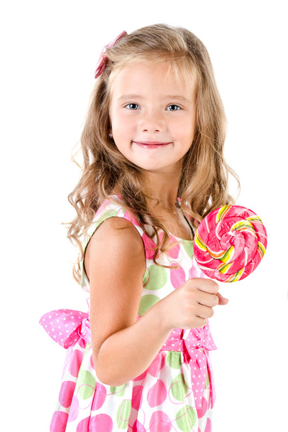 Happy little girl with lollipop isolated - Fotoğraf, Görsel