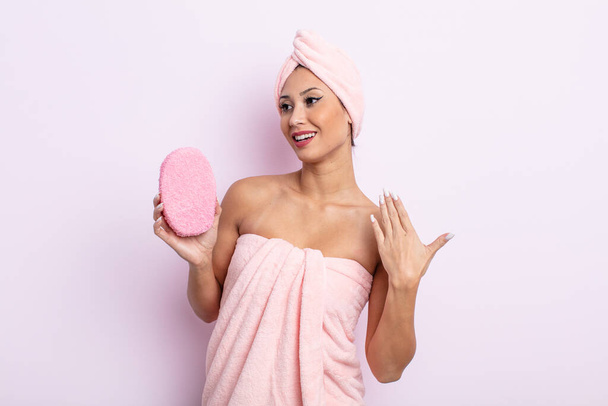 asiatic pretty woman feeling stressed, anxious, tired and frustrated. bathrobe and sponge concept - Foto, imagen
